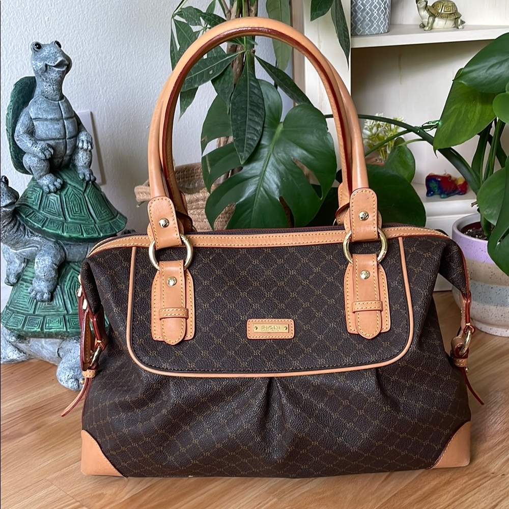 •RIONI• Patti leather satchel handbag coffee brown & tan w/ gold hardware
